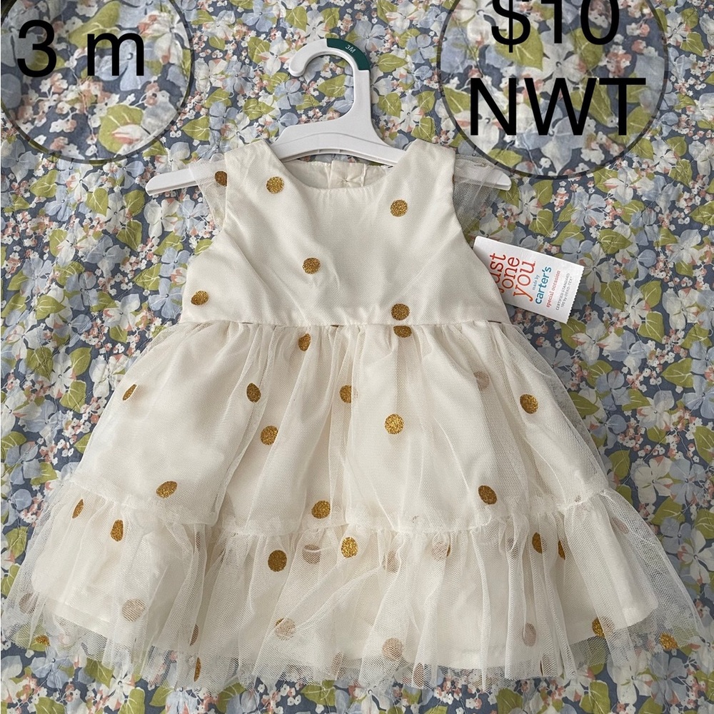 NWT Baby girl dress. Cream color, gold polka dots. Size 3 months. Carters